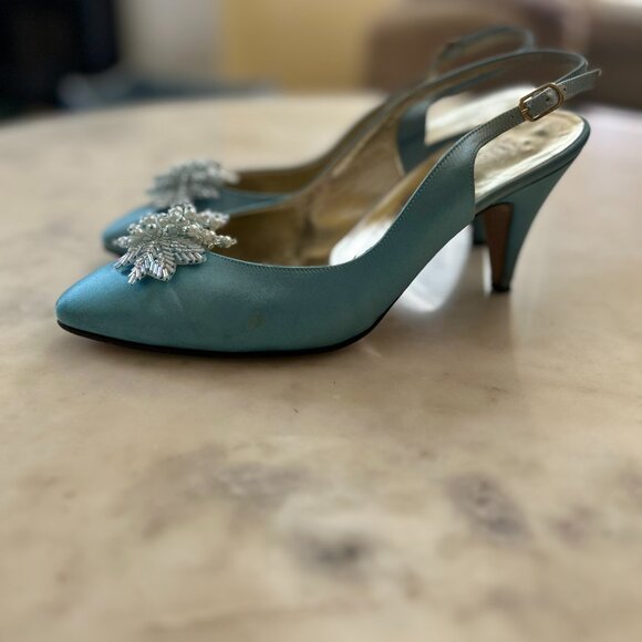 Bruno Magli Light Blue Satin Slingback Heel | Beaded Embellished Pointed Toe 8 B - Picture 3 of 12